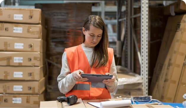 A lady managing a warehouse using a Warehouse Management System.